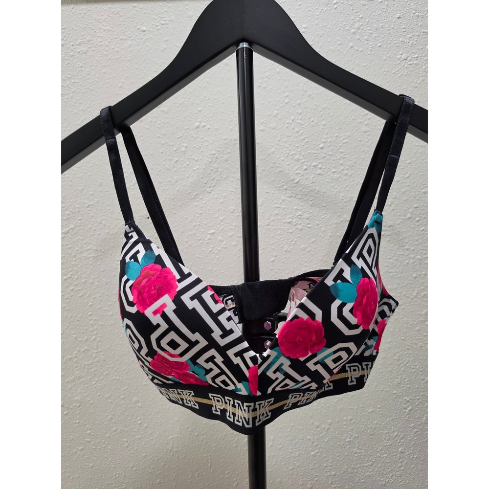 Victorias Secret PINK Wear Everywhere Wireless Bra 34C Floral Logo Black Pink